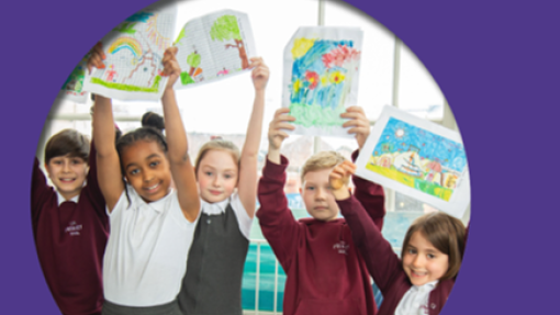 A cover image with a circle of young people holding up art work and smiling 