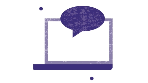 Purple illustration of a laptop with a speech bubble