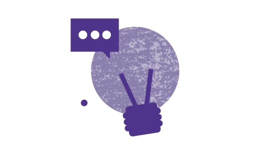 Purple illustration of a round lightbulb with a speech bubble