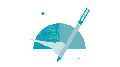 Illustration of a meter with pen angled upward and star-like dots—suggesting progress or creative evaluation.