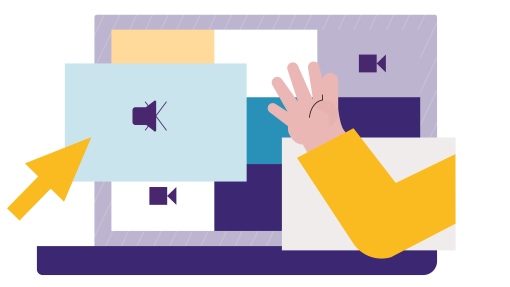 Purple laptop with pages showing video and speaker icons with a yellow arm and hand and yellow arrow illustration 