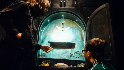 Two people looking at the curious cupboard - The Writer's Block Cornwall