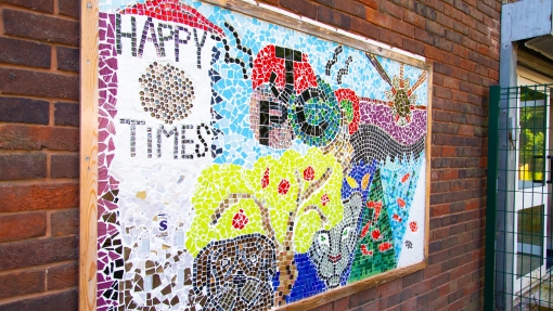 Art work on a wall outside a school