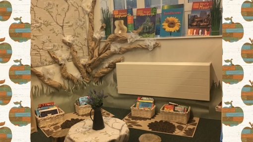 A creative reading space in a school library with storytelling tree
