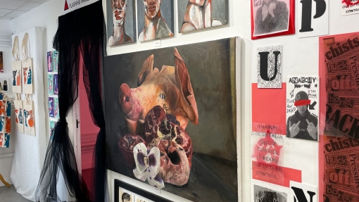 A wall full of art created by students. 