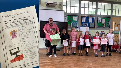 A group of children in their school hall showing their work