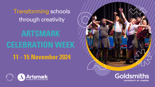 A purple banner with an image on the right of a group of students performing on stage.