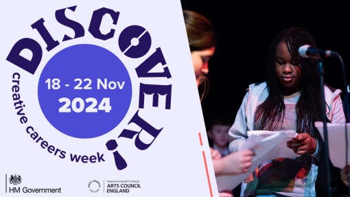 A card that says Discover! Creative Careers with a young person looking at a script with a microphone in hand.