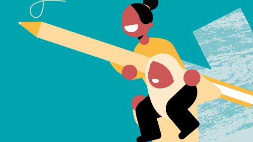 Turquoise image with an illustration of a woman holding another woman up who is holding on oversized pencil. 