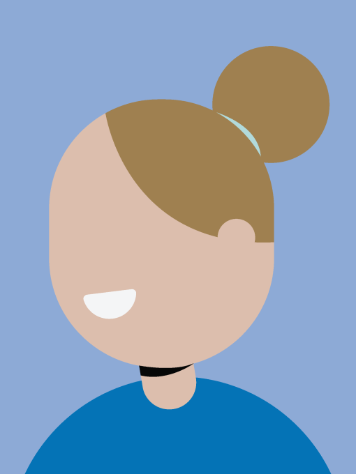 An avatar of a woman with a blonde bun in their hair and a blue top.