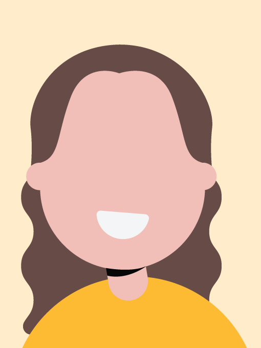 An avatar of a woman with long wavy brown hair hair and a yellow top.