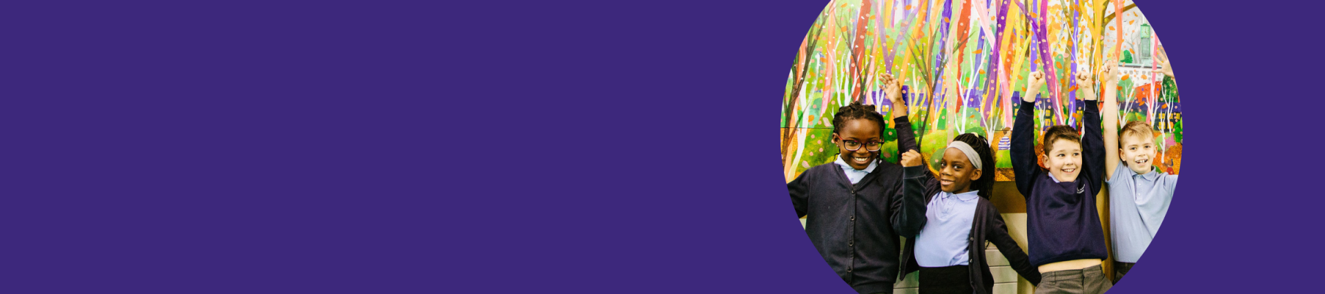 A purple banner with an image on the right of a group of students in cheering in front of a colourful mural