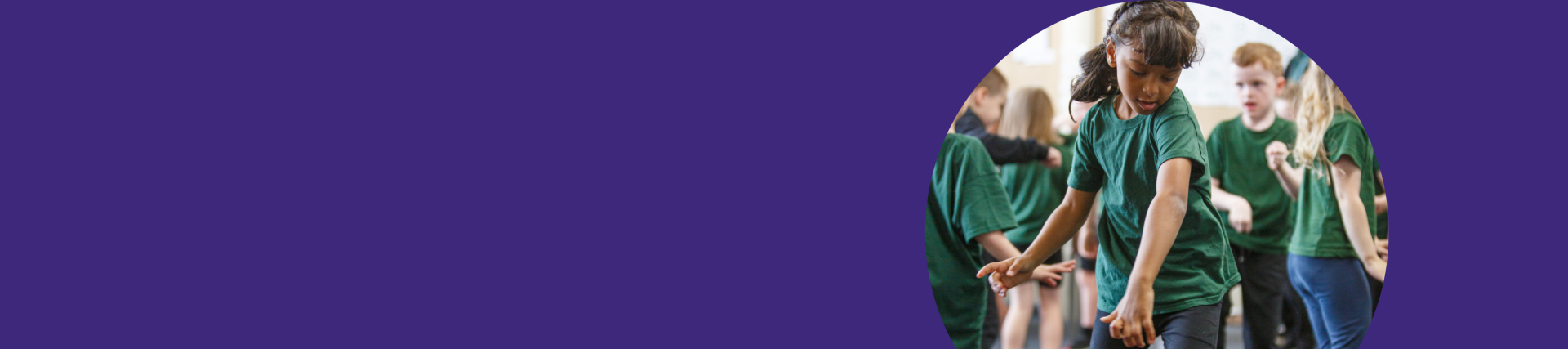 A purple banner with an image of a girl dancing in a classroom, with her classmates behind her, also dancing.