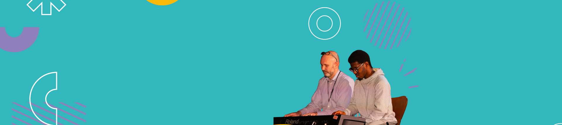 A turquoise banner with an image on the right of a student playing piano with their teacher.