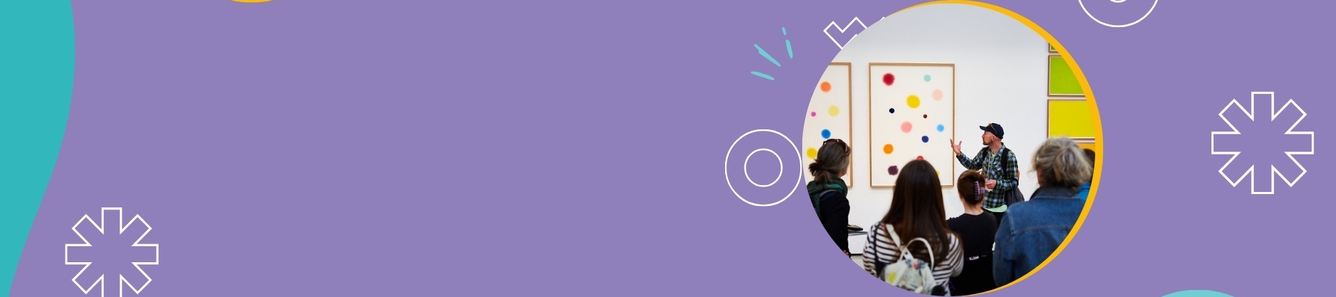 A purple banner with an image of a group of people in a gallery space.