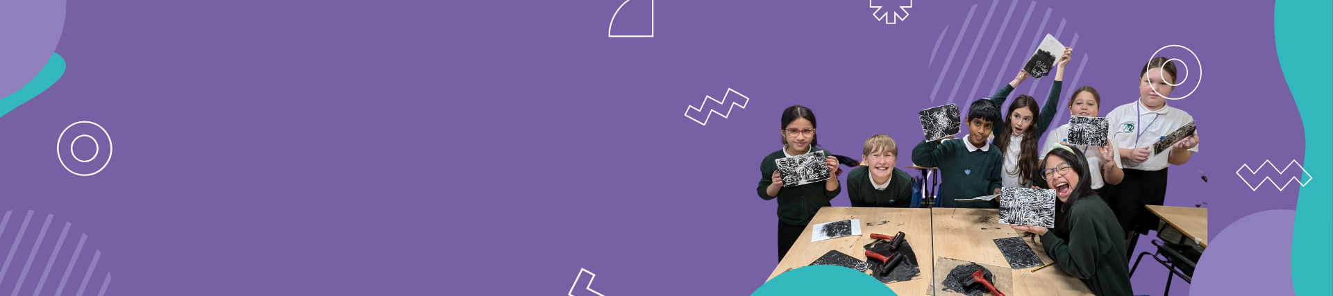 A purple banner with young people holding up prints and smiling