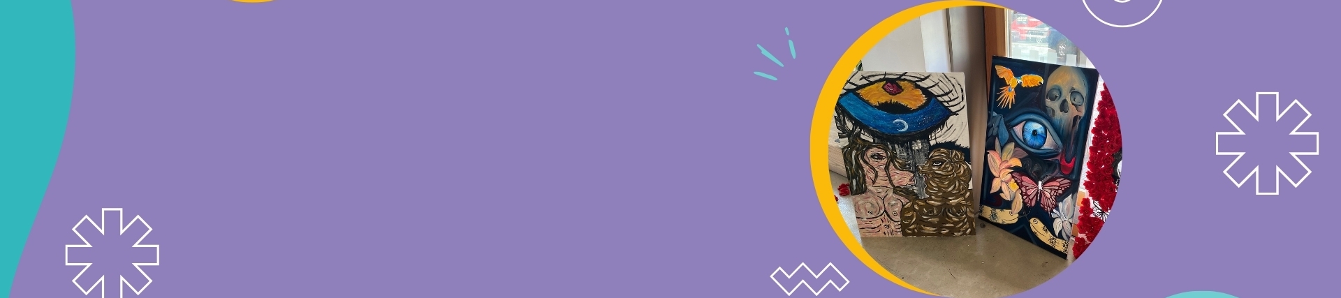 A purple banner with an image of art work on display.