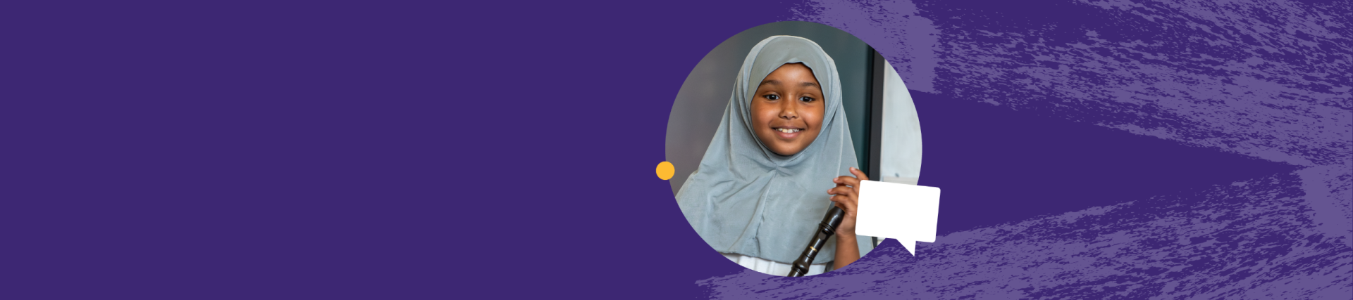 Header with indigo background and a girl playing recorder.