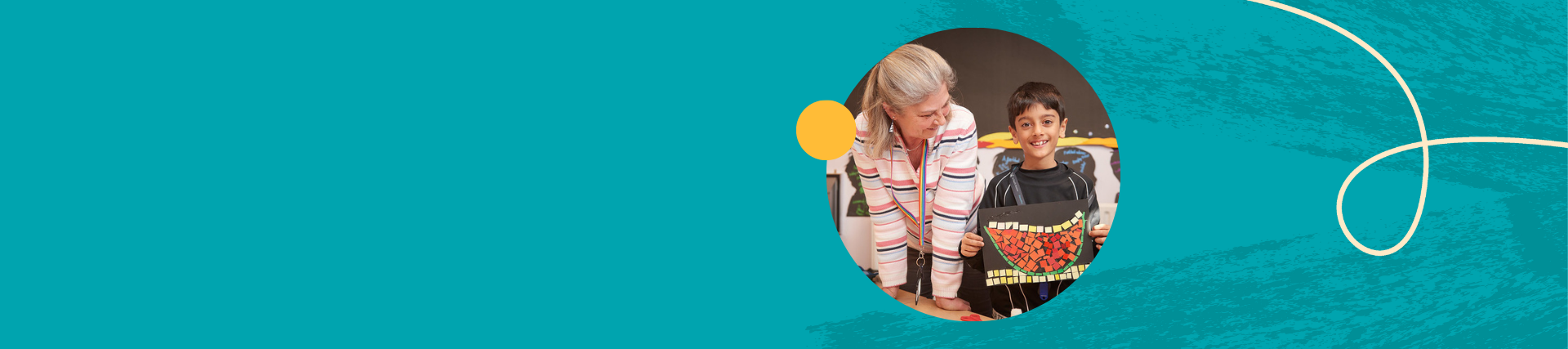 Boy holding watermelon collage with teacher looking at him