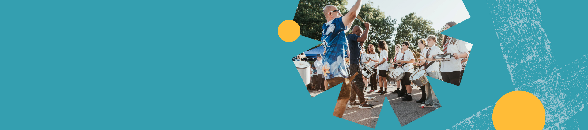 Adults and children playing drums outside