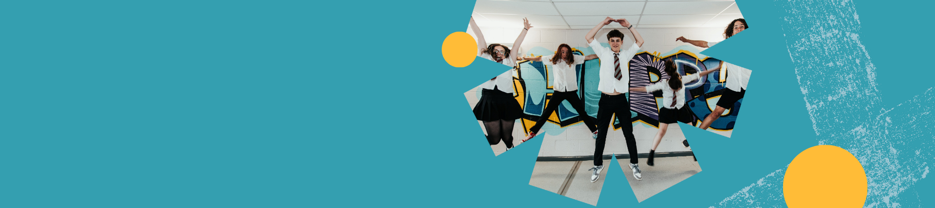 Five students jumping in front of art on wall