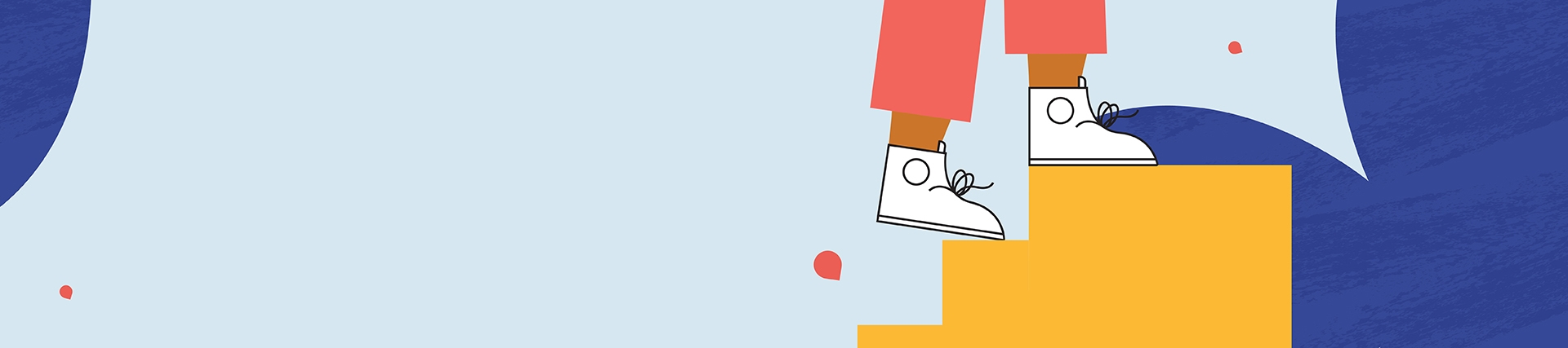 Illustration of a person in red pants and white sneakers outlined in black, stepping up yellow stairs against a blue background with scattered red dots.