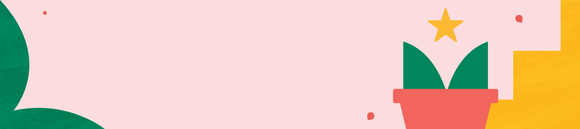 Stylized illustration of a potted plant with two green leaves and a yellow star above it, on a pink background with abstract shapes.