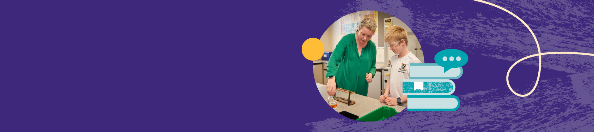Adult and child conducting a science experiment with lab equipment in a classroom, with a periodic table on the wall