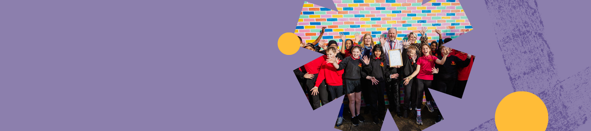 Students and teacher holding up certificate against a colourful wall