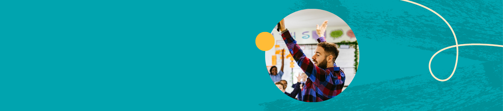 Teacher leading a class with students raising hands, in a colourful maths-themed classroom