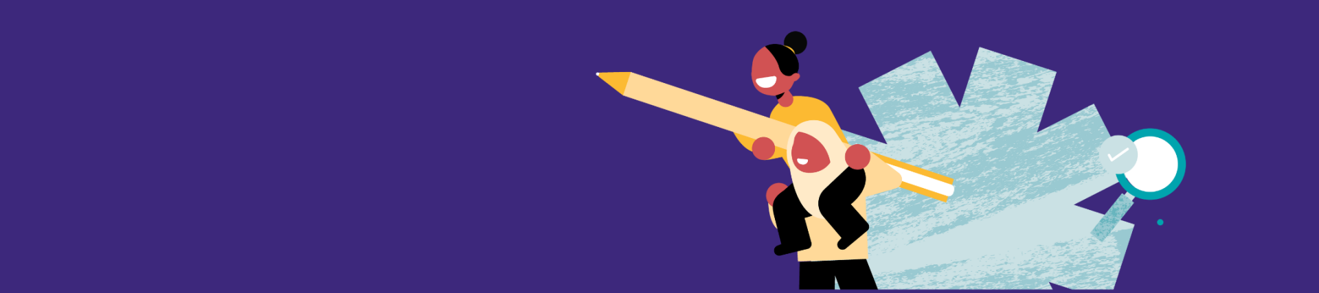 Illustration of a viewfinder and children supporting each other holding a pencil