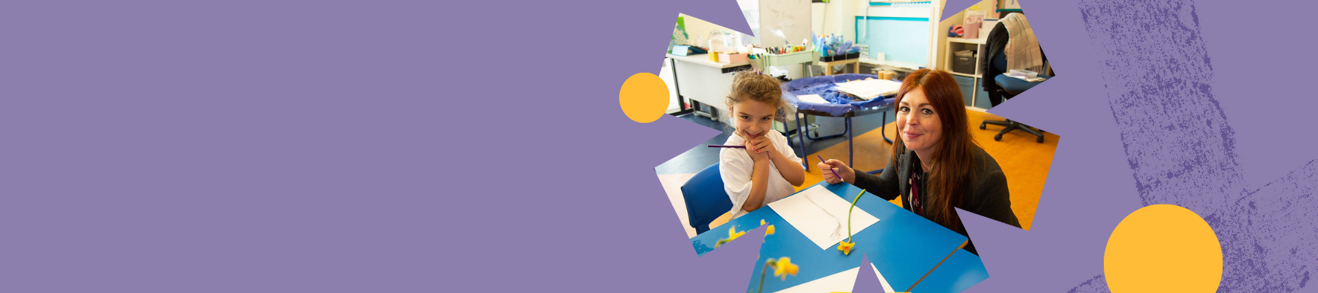 Teacher kneels down to help a child paint a flower at a table.