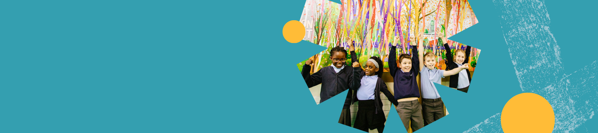 A turquoise banner with an image of young people with their hands in the air, cheering. There is a wall mural behind them.