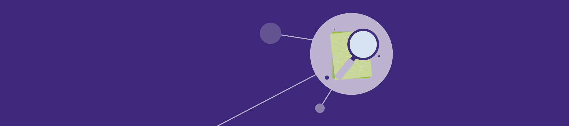Purple banner with circle icons and folder and magnifying glass illustration