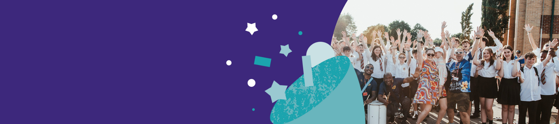 Group of students and adults celebrating outdoors with raised hands; purple background with stars and geometric shapes on the left