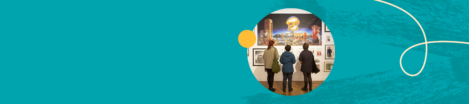 A turquoise banner with three young people standing in front of a piece of art work in a gallery.