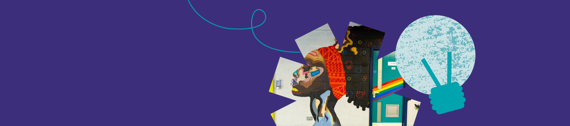 Purple banner with an image of a wall mural and an icon of a bulb