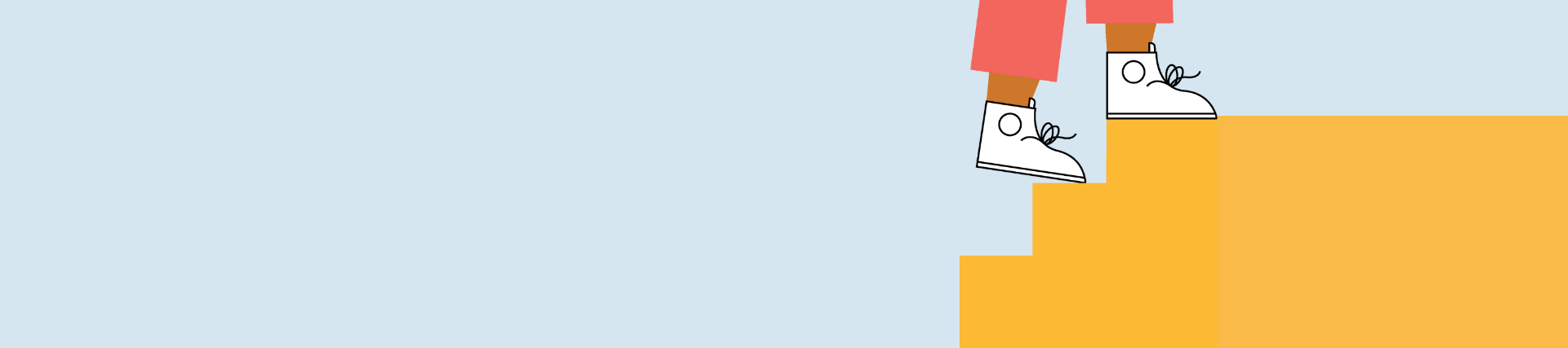 A blue banner with a graphic of feet walking up some steps