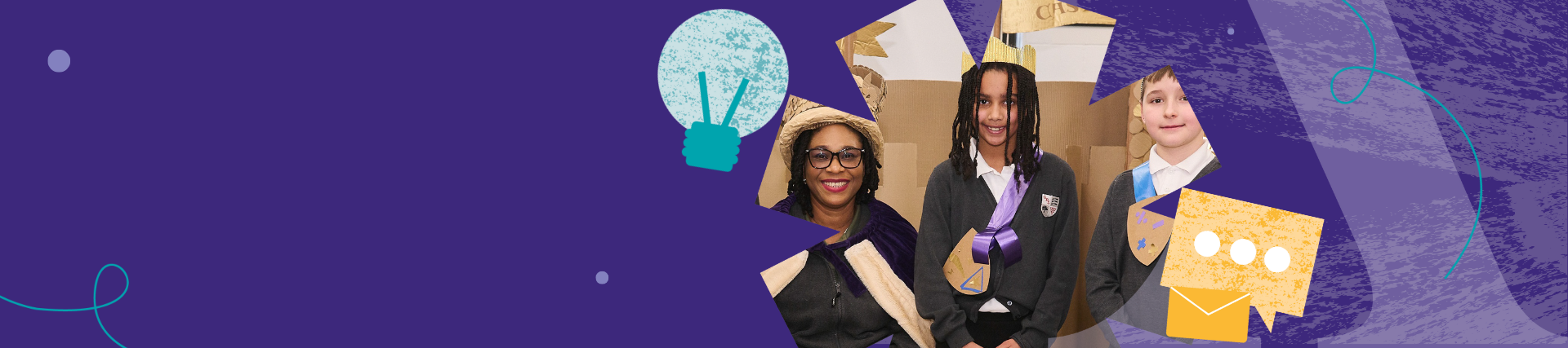 A purple banner with an image of people in crowns and a light bulb and speech graphic
