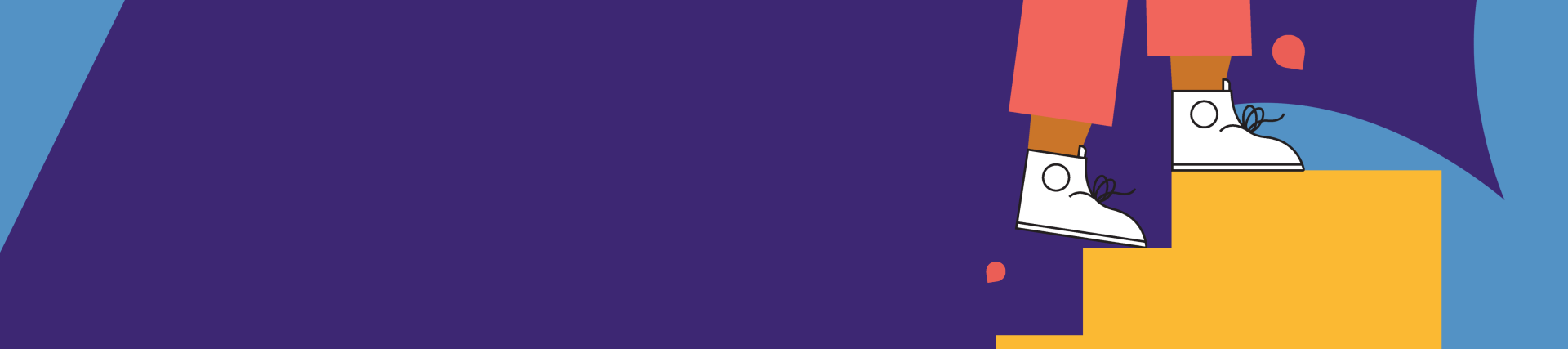 A purple banner with a graphic of feet walking up some steps