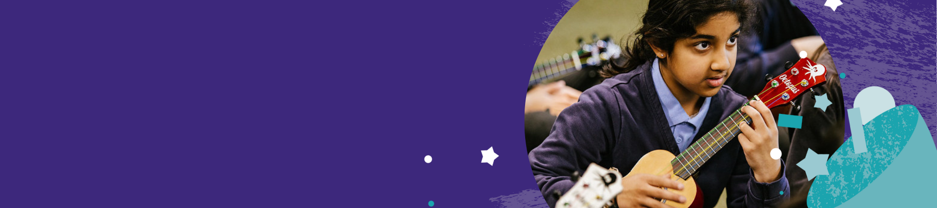 Purple banner with a child seated in a classroom holding a red ukulele, with other children nearby also playing ukuleles. The group is wearing school uniforms and appears to be participating in a music lesson.