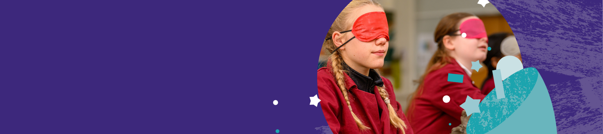 Two students wearing matching red school uniforms are seated indoors, with a purple graphic overlay featuring stars and textured shapes framing the image