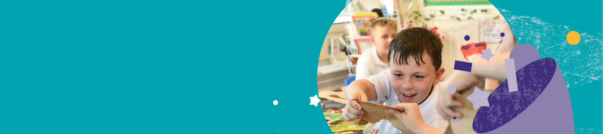 Child holding and examining a clay model in a classroom setting, with art supplies and colourful materials visible on the table. The photo is partially overlaid with teal and purple graphic shapes.