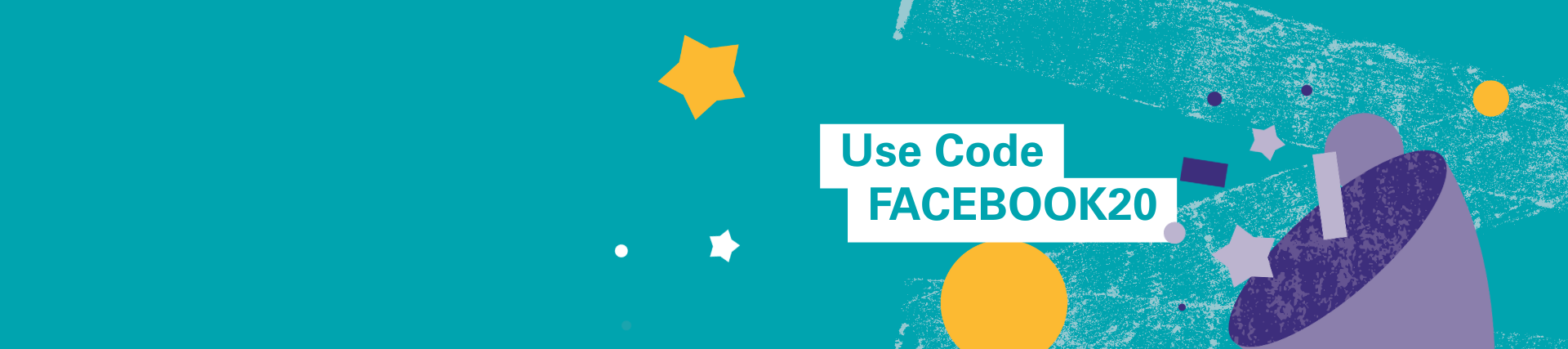 Teal banner with 'Facebook20' code