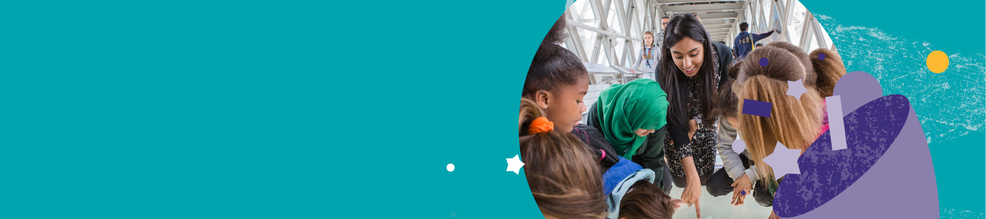 A teal banner with an image of an adult with children on the floor of a museum, looking down.