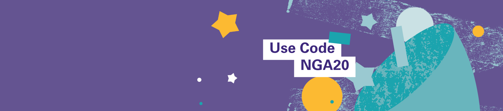 Purple banner with an 'NGA20' discount code. 
