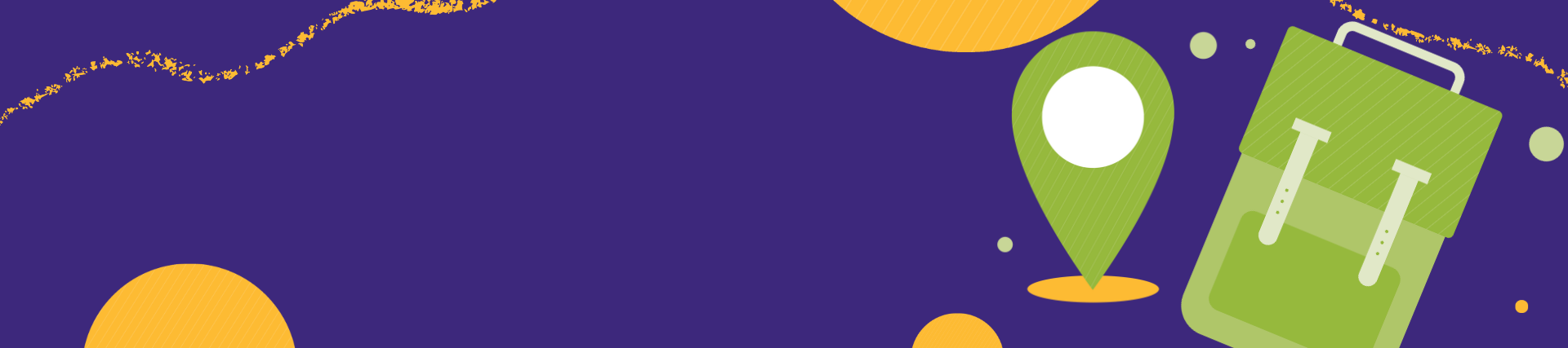 Purple banner with yellow circles, a green location icon and a green rucksack