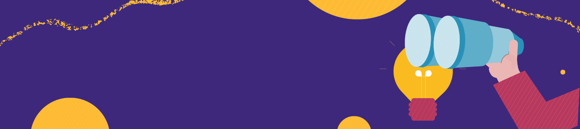 Purple banner with yellow cirlces and a hand holding blue binoculars