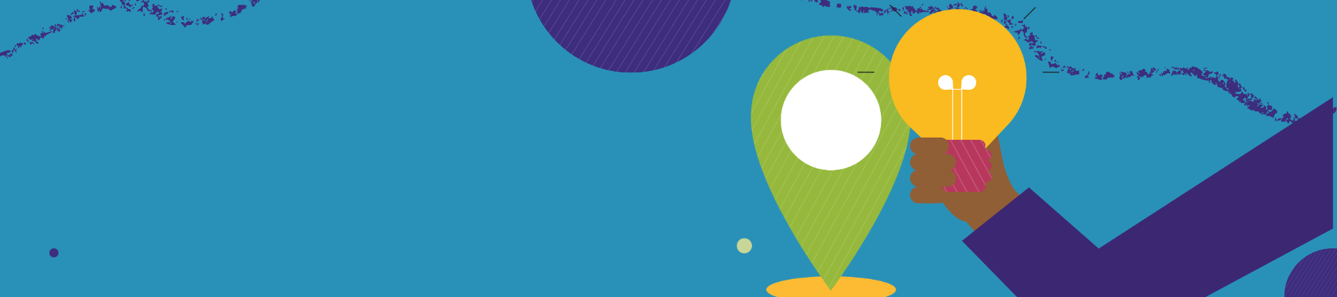 blue banner with green location icon and hand holding a light bulb