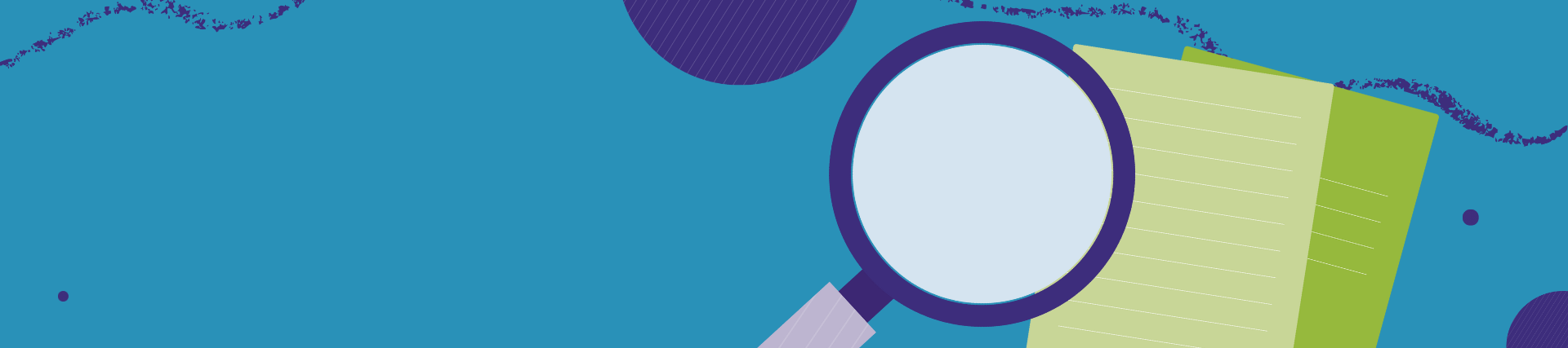 blue banner with magnifying glass and purple illustrations